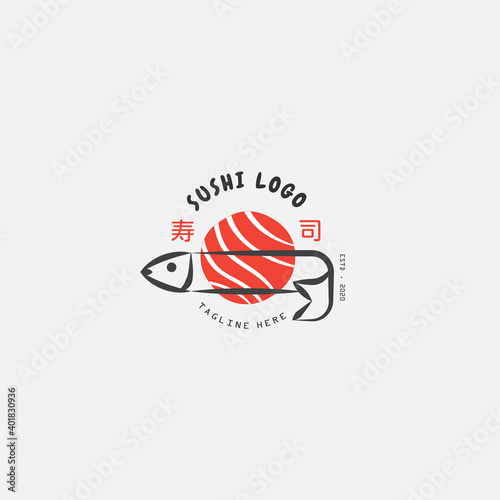 Sushi logo template. Japanese traditional cuisine, tasty food icon. japanese text translation "sushi". asian sushi bar vector logo.