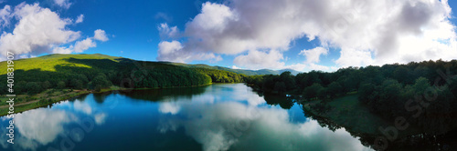 default 180 degree virtual reality panorama of Maulazzo lake immersed in the beautiful beech forest of Monte Soro in spring on the Nebrodi, Sicily, Italy.