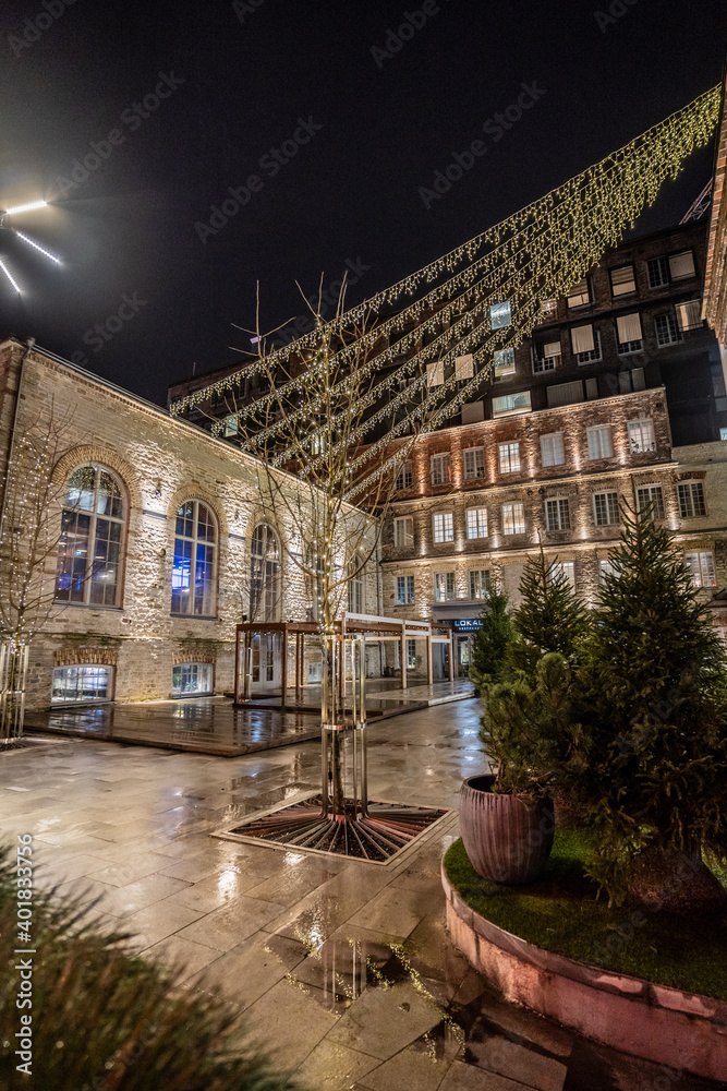 Streets and buildings of Tallinn at night. The capital  city of Estonia. Christmas decorations..