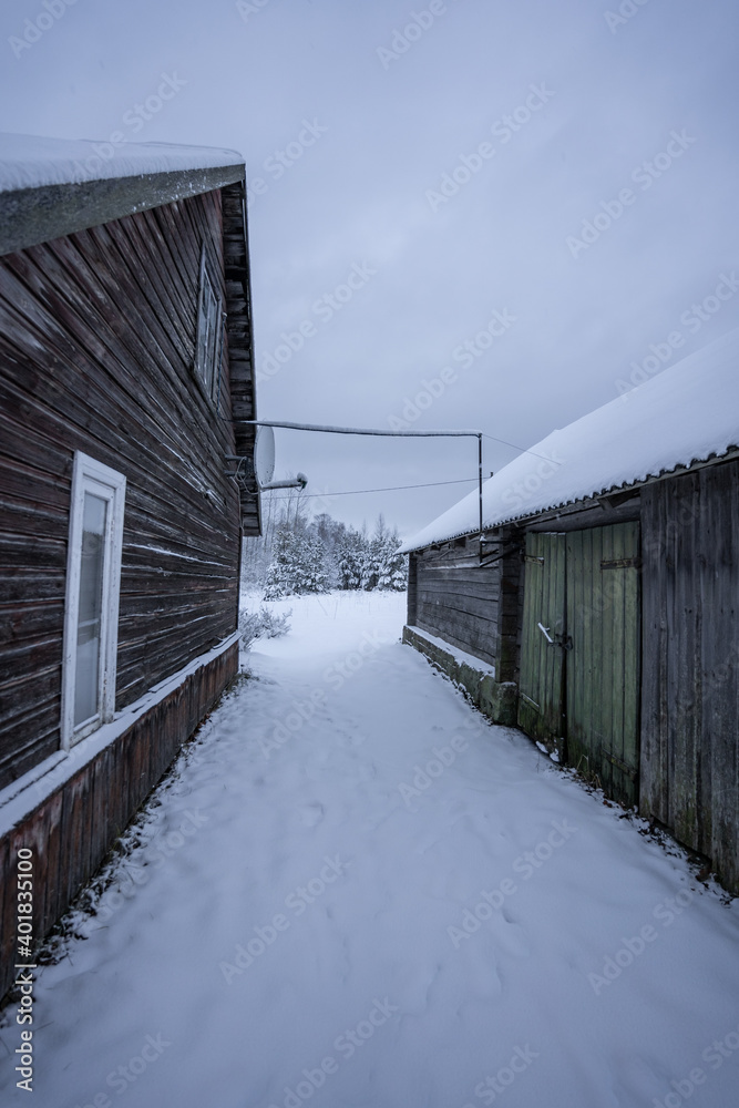 Winter village. Cold winter landscape.
