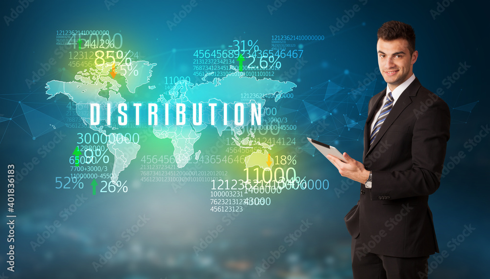 Businessman in front of a decision with DISTRIBUTION inscription, business concept Businessman in front of a decision with DISTRIBUTION inscription, business concept