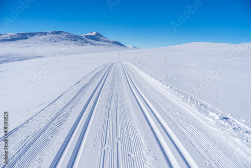 Cross country ski tracks in the mountains near Hovringen in Rondane National Park, Norway