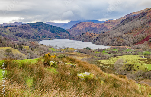 A beautiful landscape of Llyn Gwynant lake in the Snowdonia National Park, Wales photo