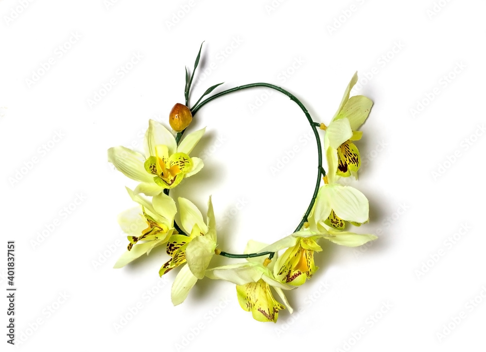 a wreath on the head of flowers on a white background. a wreath on the head of flowers on a white background.