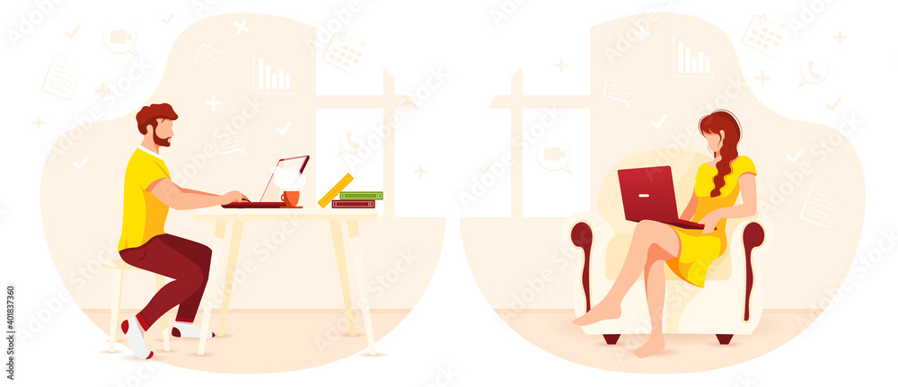 Freelancers man and woman working on laptops. Home office, freelance, studying concept. Isolated vector illustration for flyer, poster, banner.