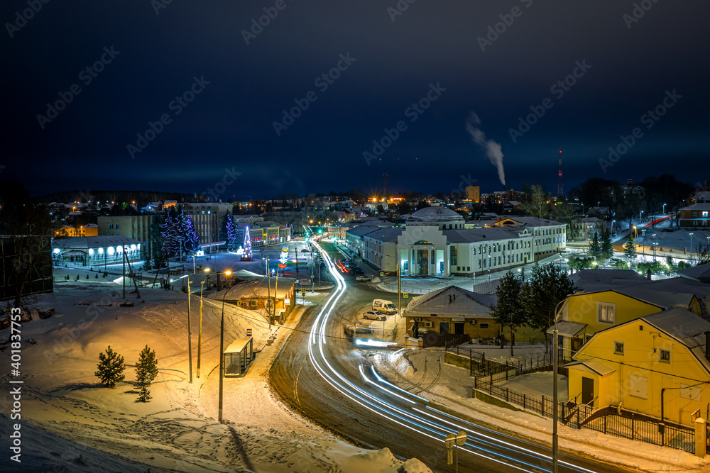 Night photo of the city of Volokolamsk, top view