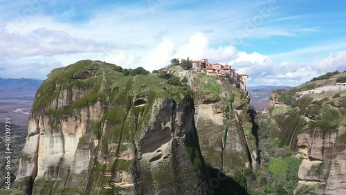 Greece Meteors flying drone over rocks. Canyon famous mountains of Kalampaka city. 