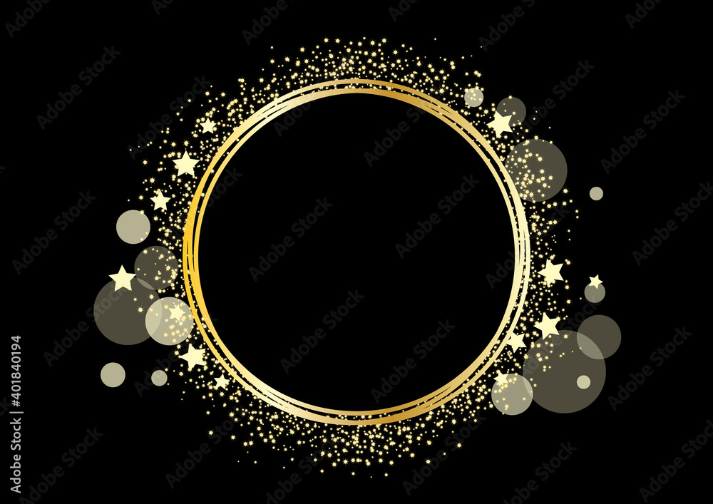 Golden shiny abstract round frame on a black background vector. Golden festive background vector illustration. Luxury gold sparkling frame background with copy space for text