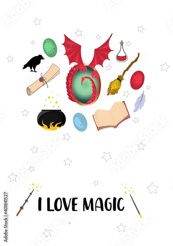 I love magic. Postcard with magic items. MYSTERY AND MAGIC