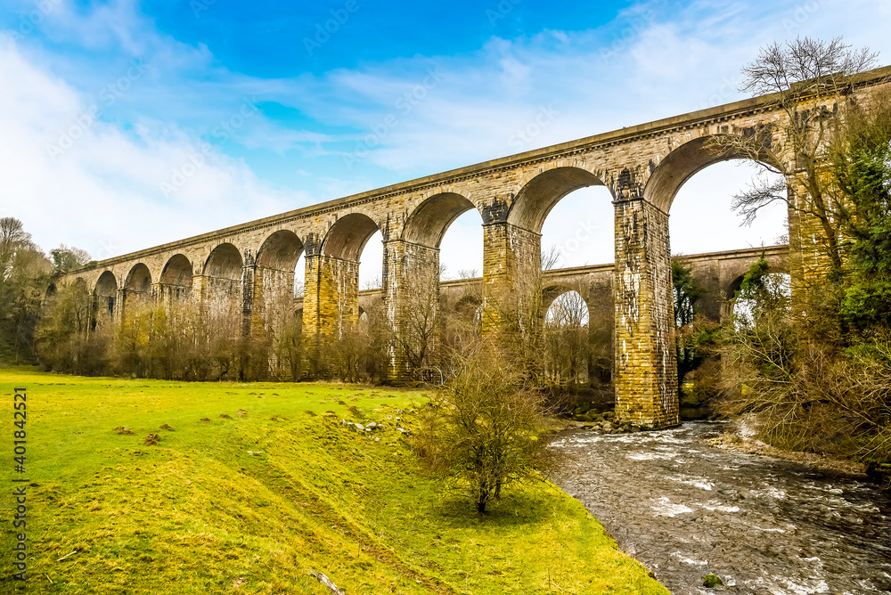 A view looking upward at the aqueduct and the railway viaduct at Chirk, Wales