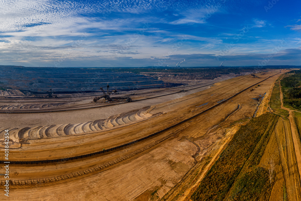 Panoramic view of Hambach surface mine and Hambach Forest, Germany. Drone photography.