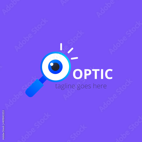 Eye logo on violet background. Vector design template. Logotype with seo sign. Magnifying glass