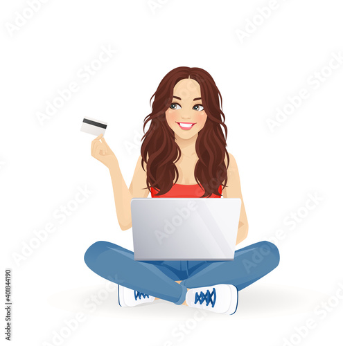 Young beautiful woman holding credit card and using laptop computer sitting with crossed legs. Online shopping vector illustration isolated