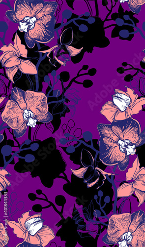 Bright floral seamless pattern with orchids hand drawn flowers. Tropical botanical floristic manual graphic. Perfect for floristic design and printing, wallpaper, posters, textile, fabric.