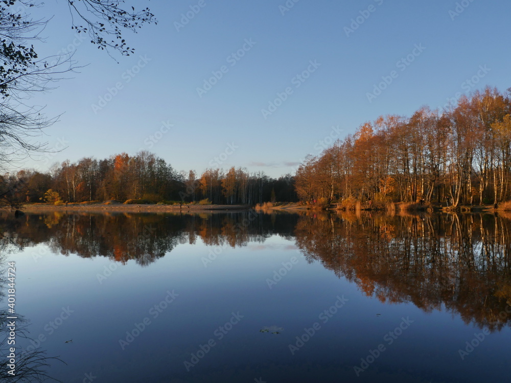 blue sky yellow trees reflected in river beautiful autumn landscape