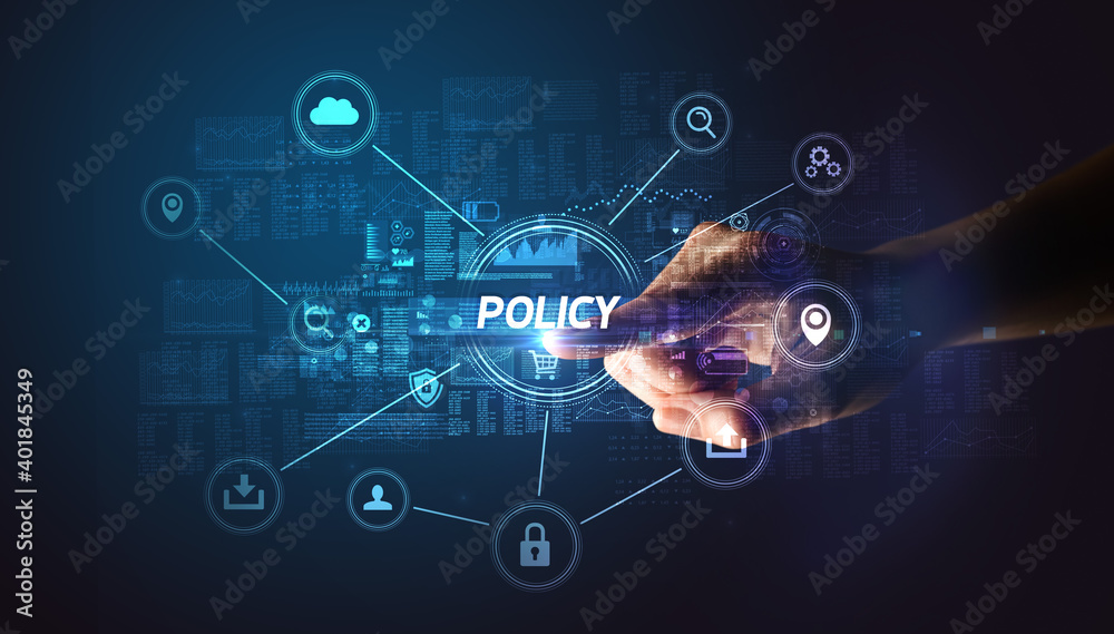 Hand touching POLICY inscription, Cybersecurity concept Hand touching POLICY inscription, Cybersecurity concept