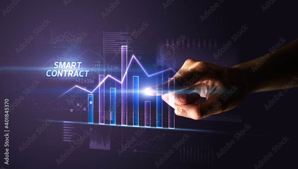 Hand touching SMART CONTRACT button, business concept Hand touching SMART CONTRACT button, business concept