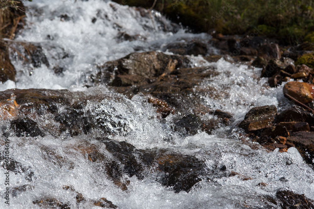 il movimento dell'acqua con delle rocce coperte di muschi che spuntano dal ruscello