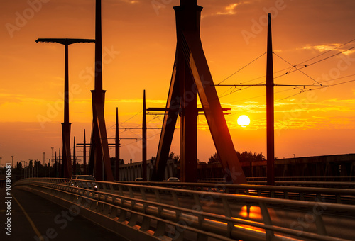 Detail of Lagymanyosi or Rakoczi bridge at sunrise in Budapest, Hungary photo