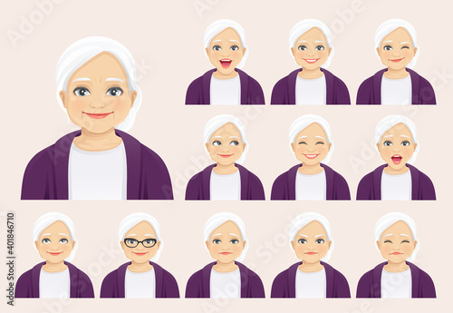 Mature senior woman with different facial expressions set isolated vector illustration