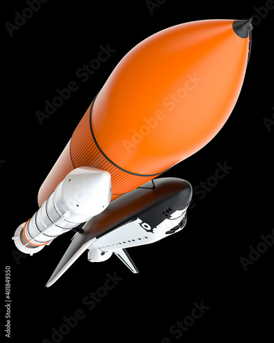 Space shuttle scene. Perspective view isolated on black background. 3d rendering - illustration