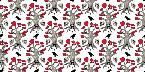 Seamless pattern. Magic trees with faces. CHARDREVO. THREE-EYED CROW. TREE WITH RED LEAVES