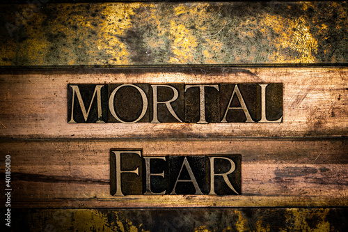 Mortal Fear text on textured grunge silver and vintage copper background