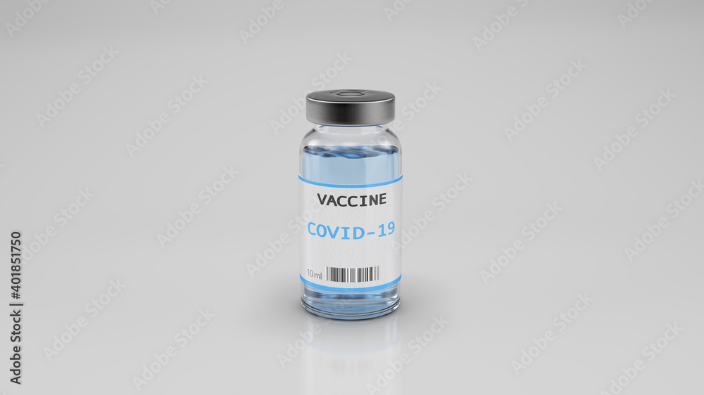 Vaccine for Covid-19. Dose bottle against gray background. 3d render