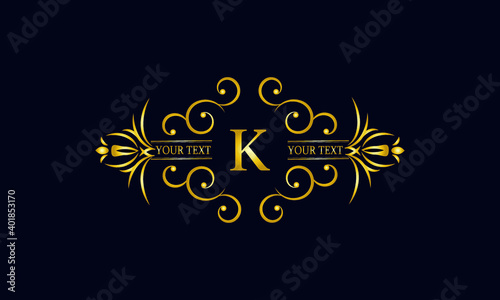 Elegant monogram design with letter K. Exclusive gold logo on a dark background for a symbol of business, restaurant, boutique, hotel, jewelry, invitations, menus, labels, fashion.