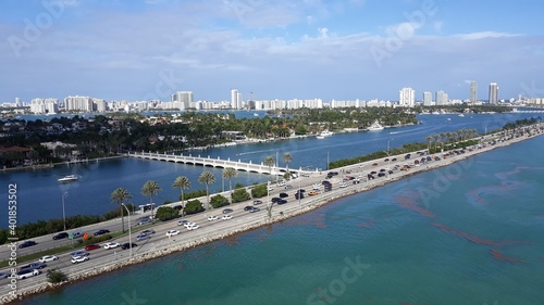 Aerial view above the cruise ship terminal on the Briscayne Bay in Miami, the most important cruise ship port in the world 