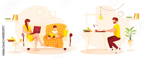 Man and woman working on laptops, near their baby playing with car. Home office, freelance, studying concept. Isolated vector illustration for flyer, poster, banner.