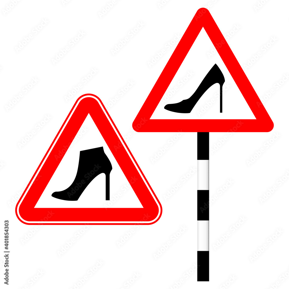 Humorous sign. Woman driving. Red triangle and womens shoes with high heels. Vector illustration Humorous sign. Woman driving. Red triangle and womens shoes with high heels. Vector illustration