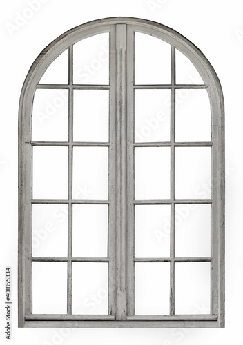 Old wooden window with arch on white background