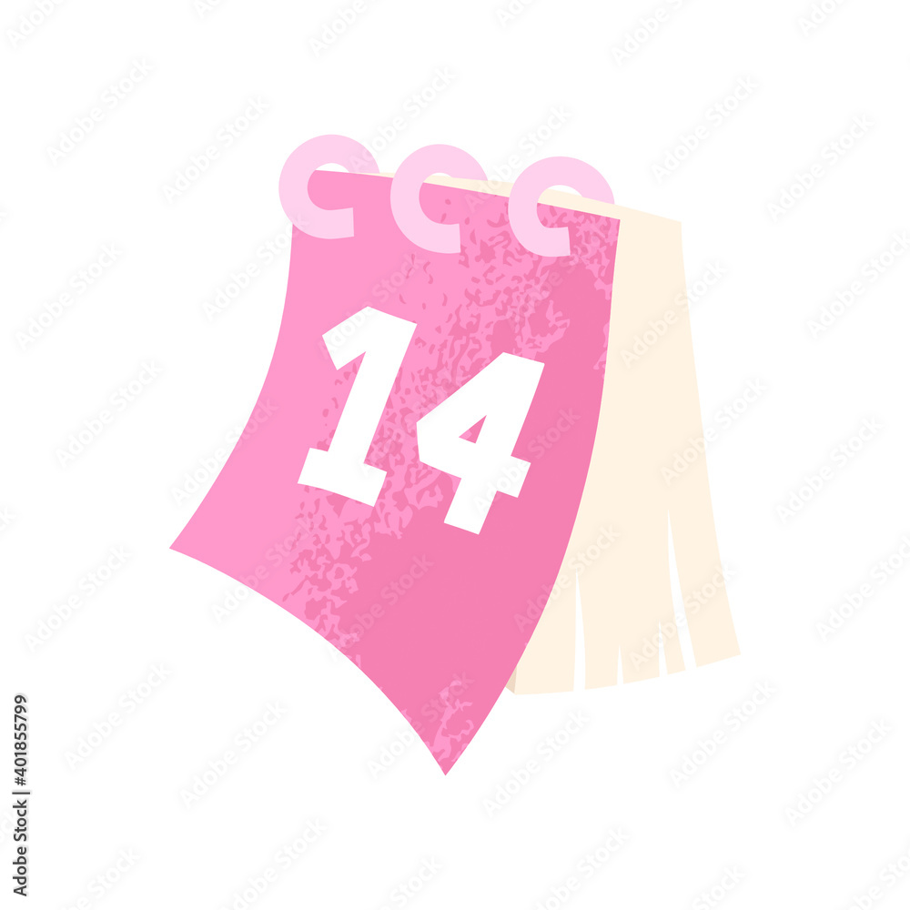 Happy Valentine's day .Realistic Calendar sheet with shadow and red pin isolated on a white background. With text Saint Valentines Day. 14 February.Happy Holiday