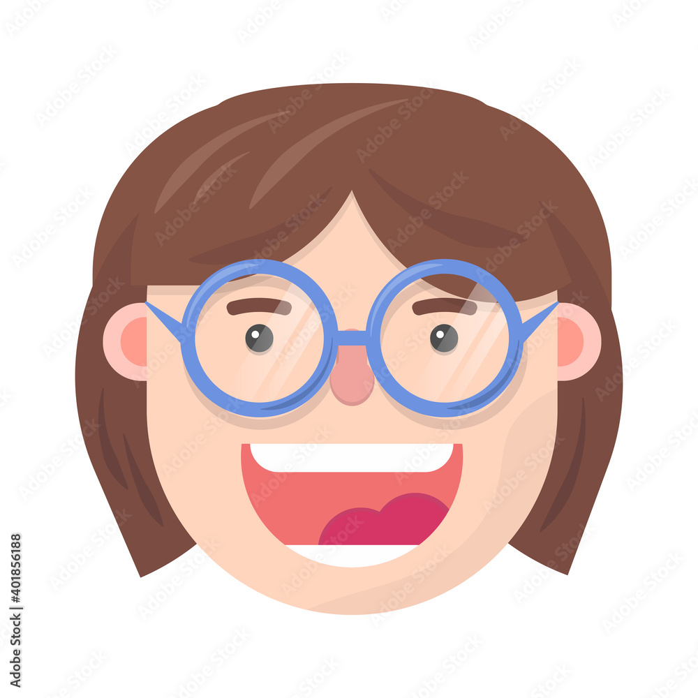 Cute happy nerd girl with glasses head cartoon. Flat design isolated vector illustration. Cute happy nerd girl with glasses head cartoon. Flat design isolated vector illustration.