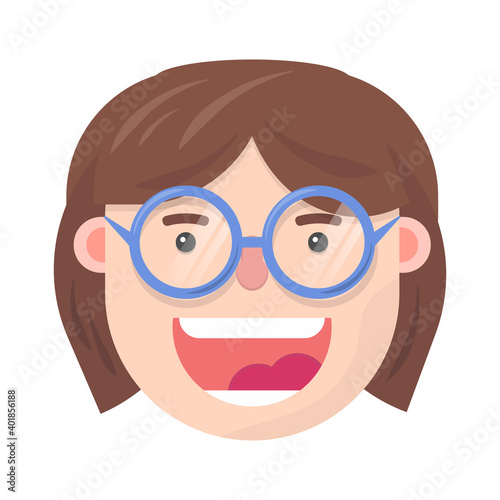 Cute happy nerd girl with glasses head cartoon. Flat design isolated vector illustration.