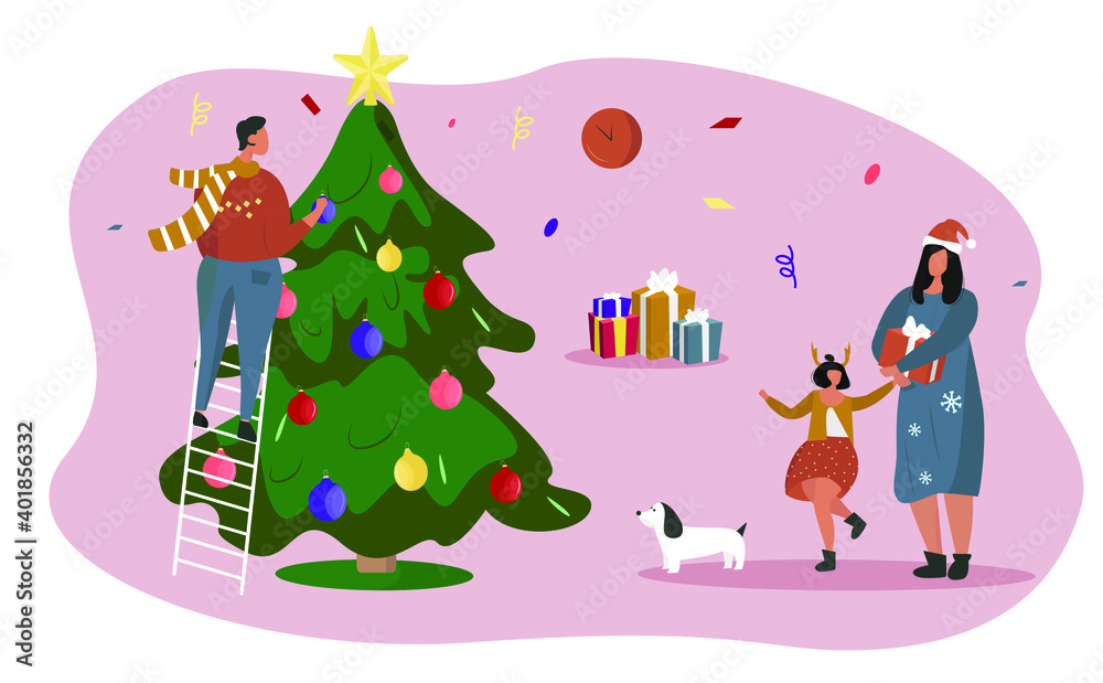 Family Celebrating Merry Christmas.Happy Family Preparing for New Year.Parents and Their Kid Decorating Tree with dog.Joyful family near the New Year tree with tree balls and gift boxes. Flat vector. Family Celebrating Merry Christmas.Happy Family Preparing for New Year.Parents and Their Kid Decorating Tree with dog.Joyful family near the New Year tree with tree balls and gift boxes. Flat vector.