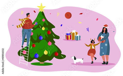 Family Celebrating Merry Christmas.Happy Family Preparing for New Year.Parents and Their Kid Decorating Tree with dog.Joyful family near the New Year tree with tree balls and gift boxes. Flat vector.
