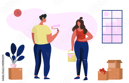 Family repairing home. House Renovation. Repairing Living Room in New Home. Man and woman repairing a wall in home. Moving to new house. Colorful vector flat illustration.