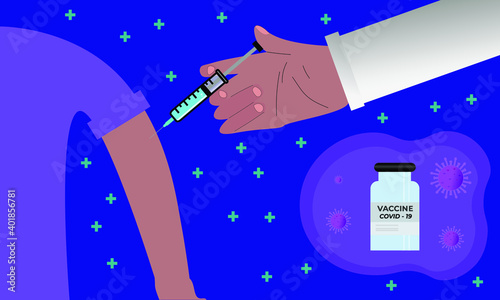 Doctor's hand injecting covid-19 vaccine in patient arm.Coronavirus vaccination concept background.Medical healthcare banner web template poster.