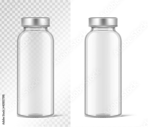 Transparent glass bottle for vaccine injections mockup. Vector illustration isolated on white background. Can be use for medicine, cosmetic and other. Ready for your design. EPS10.	