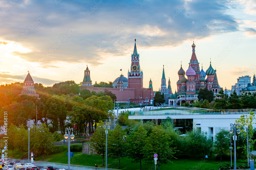 Cathedral of Vasily the Blessed (Saint Basil's Cathedral) and towers of Moscow Kremlin on Red Square at sunset, Russia