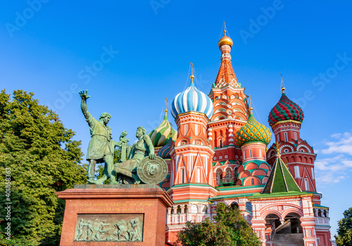 Monument to Minin and Pozharsky and Cathedral of Vasily the Blessed (Saint Basil's Cathedral) on Red Square, Moscow, Russia