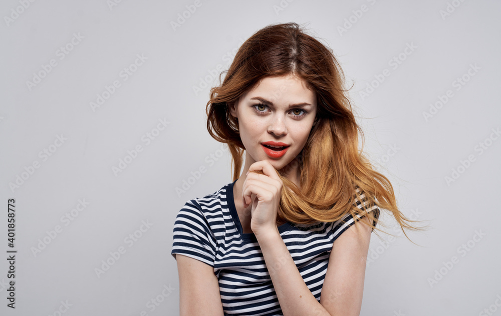 Fototapeta premium pretty woman striped t-shirt attractive look luxury glamor model