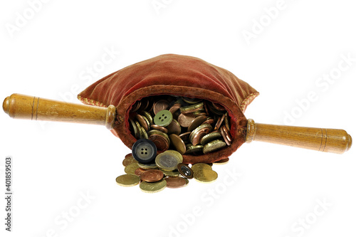 almsbag filled with Euro coins and some buttons isolated on white background photo