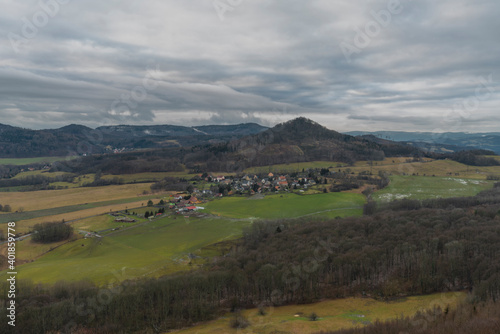 View from Kalich ruin of castle over Trebusin old village in north Bohemia