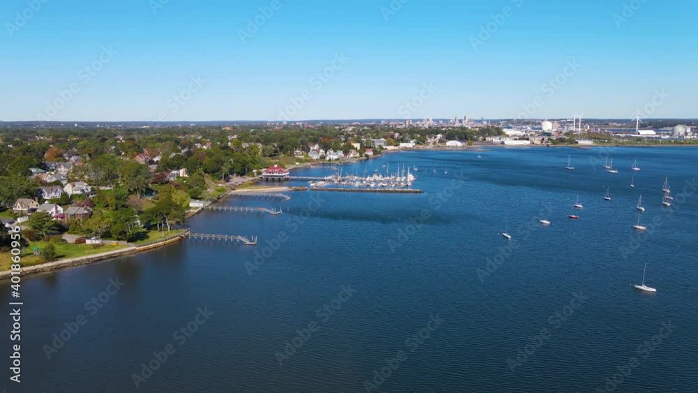 Aerial view of Providence River coast with Edgewood Yacht Club and near Narragansett Bay in village of Edgewood, city of Cranston, Rhode Island RI, USA. Aerial view of Providence River coast with Edgewood Yacht Club and near Narragansett Bay in village of Edgewood, city of Cranston, Rhode Island RI, USA.