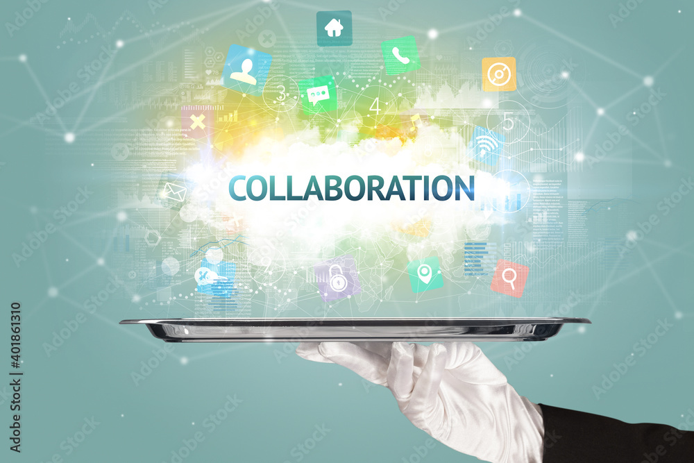 Waiter serving social networking concept with COLLABORATION inscription Waiter serving social networking concept with COLLABORATION inscription