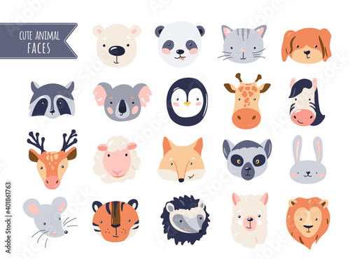 Cute animal baby faces set vector illustration. Hand drawn nursery characters collection for graphic  print  card or poster. Creative scandinavian funny kid design