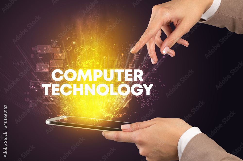 Close-up of a touchscreen with COMPUTER TECHNOLOGY inscription, innovative technology concept Close-up of a touchscreen with COMPUTER TECHNOLOGY inscription, innovative technology concept